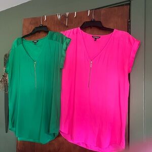 Two Zippered V-Neck Women Express Tops - Green and Pink